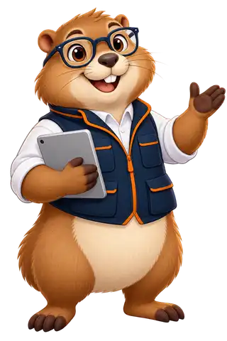 Marmota de óculos e colete azul-marinho acenando boas-vindas, com tablet